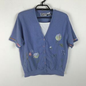 Vintage 1980s Blouse Petite PL Blue Embroidered Floral Short Sleeve Cottagecore